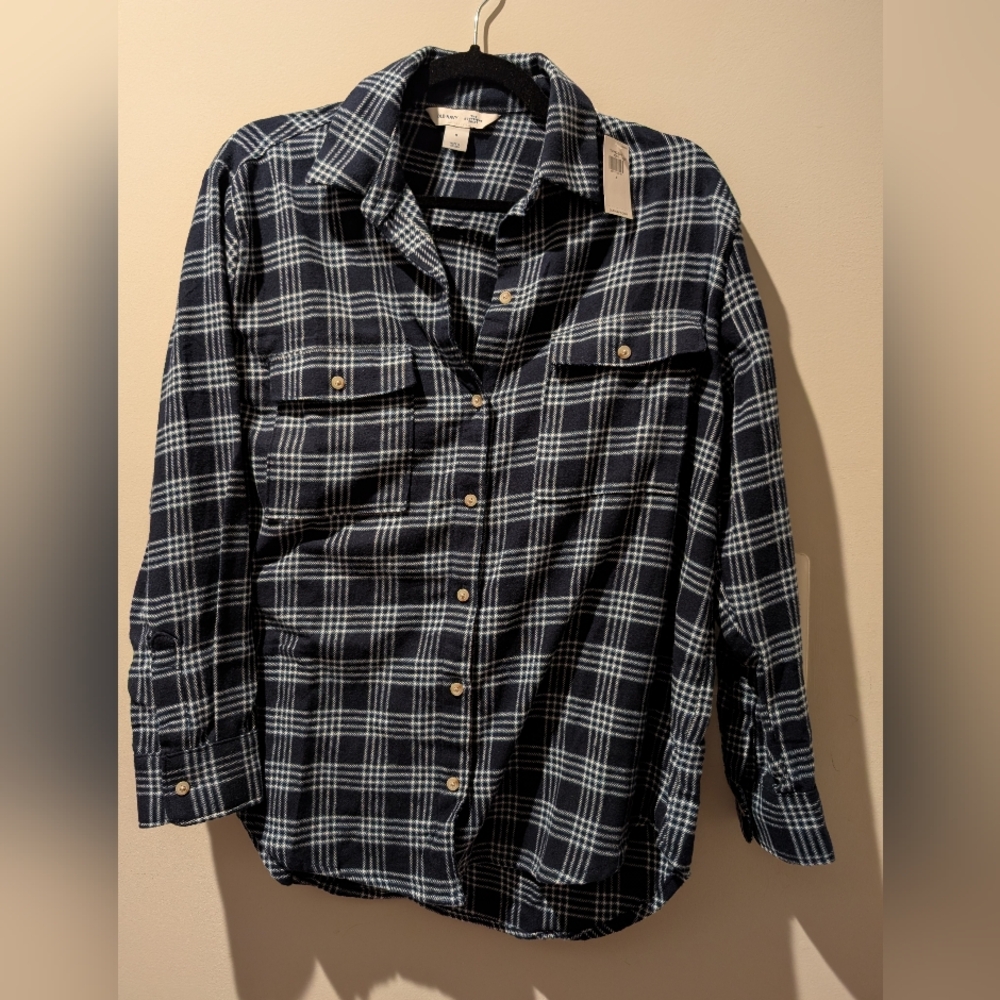 Old Navy Navy and White Plaid Button Up Boyfriend Shirt, 100% Cotton, Size Small